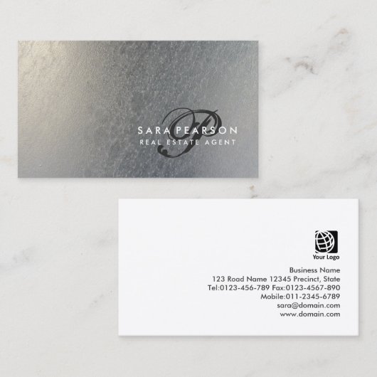 Real Anwesen Elegante Script Monogram SilverTextur Visitenkarte (Vorne/Hinten)