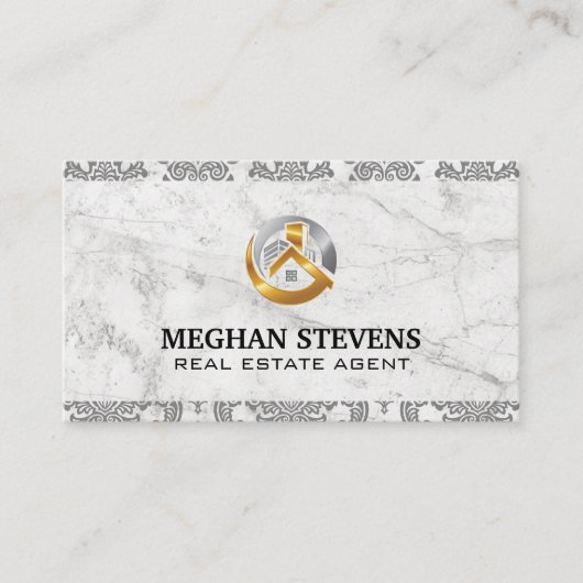 Real Anwesen Gold Silber Logo | Damask Marble Terminkarte (Vorderseite)