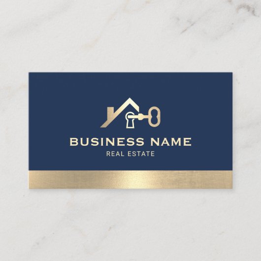 Real Anwesen House & Key Logo Navy & Gold Realtor Visitenkarte (Vorderseite)
