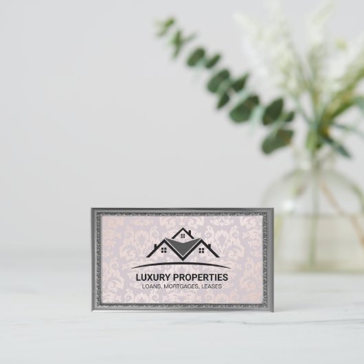 Real-Anwesen-Logo | Damask Print | Extravaganter R Visitenkarte (Stehend Vorderseite)