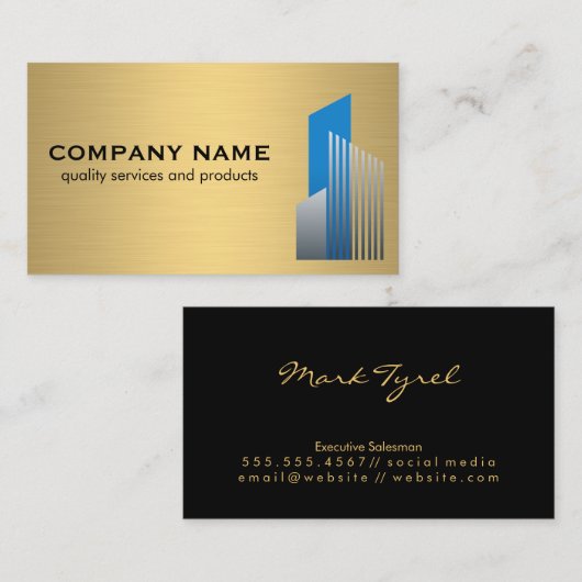 Real-Anwesen-Logo | Gold Metal Background Visitenkarte (Vorne/Hinten)