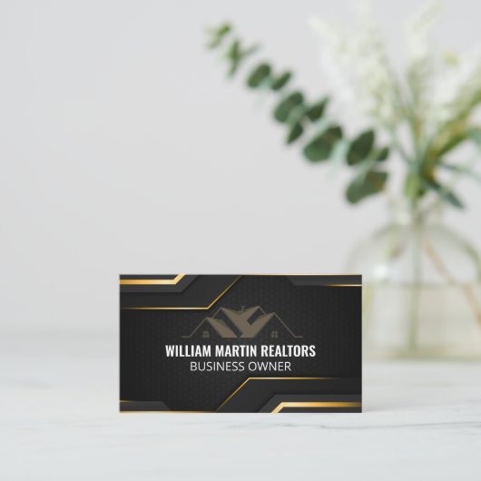 Real-Anwesen-Logo | Metallic Gold Geometric Black Visitenkarte (Stehend Vorderseite)