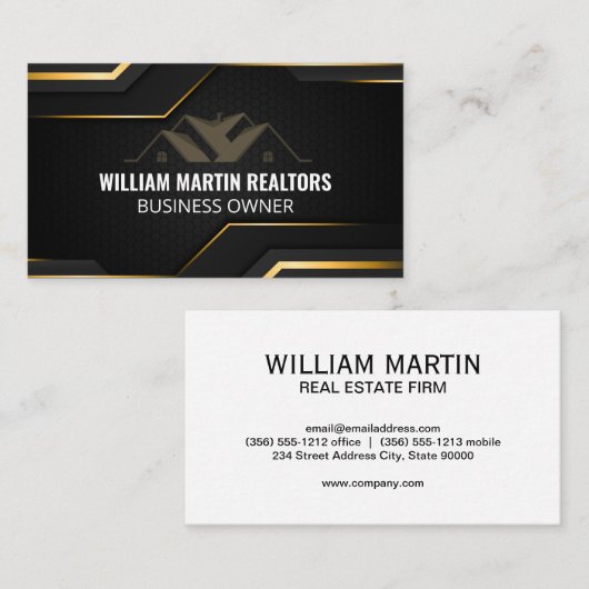 Real-Anwesen-Logo | Metallic Gold Geometric Black Visitenkarte (Vorne/Hinten)