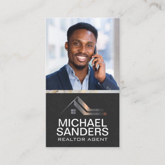 Real-Anwesen-Metal-Logo | Geschäftsmann am Telefon Visitenkarte (Vorderseite)