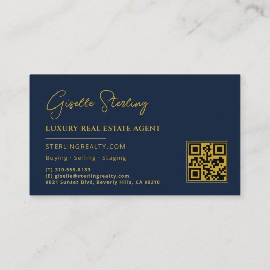 Real Anwesen Navy Blue Gold QR Code Script Luxus Visitenkarte (Rückseite)
