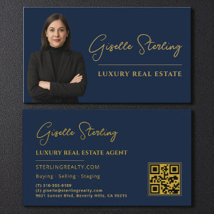 Real Anwesen Navy Blue Gold QR Code Script Luxus Visitenkarte