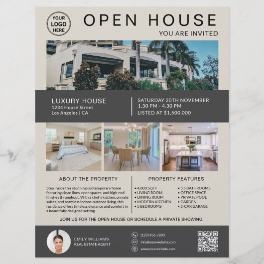 Real Anwesen Open House Logo Foto QR Neutral Flyer (Vorne)