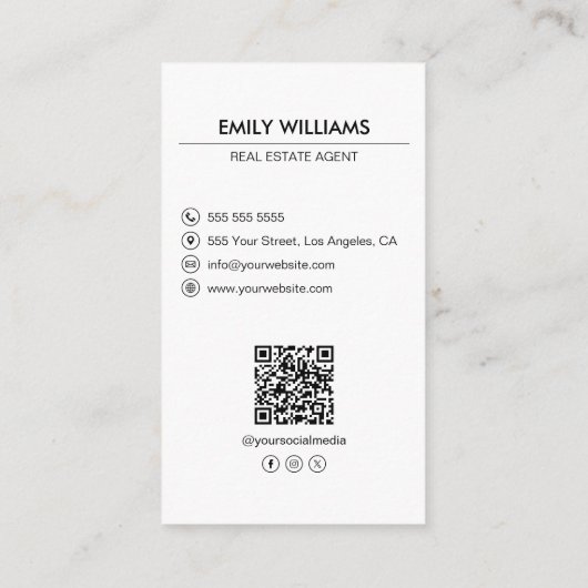 Real Anwesen White Foto QR Code Social Media Visitenkarte (Rückseite)