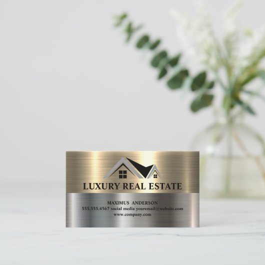 Real Anwesen Zuhause | Metallisches Gold | Stahl Visitenkarte (Stehend Vorderseite)