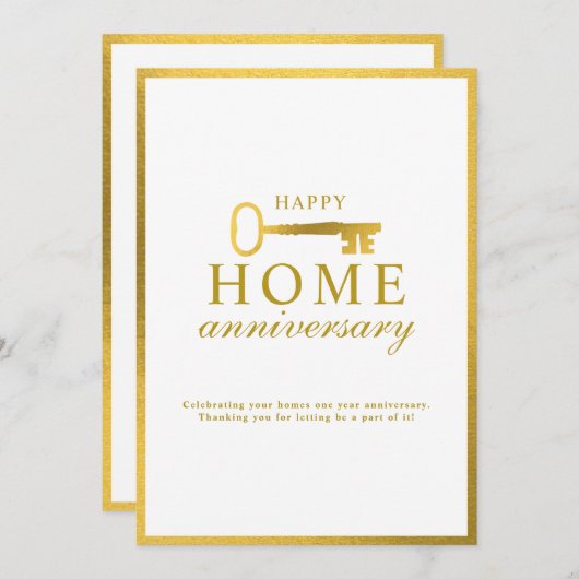 Real Estate Agent Happy Home Anniversary Gold Key Mitteilungskarte (Vorne/Hinten)