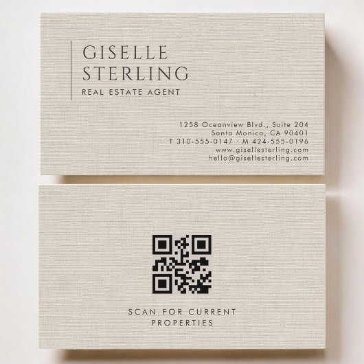 Real Estate Agent Luxury Neutral Linen QR Code Visitenkarte