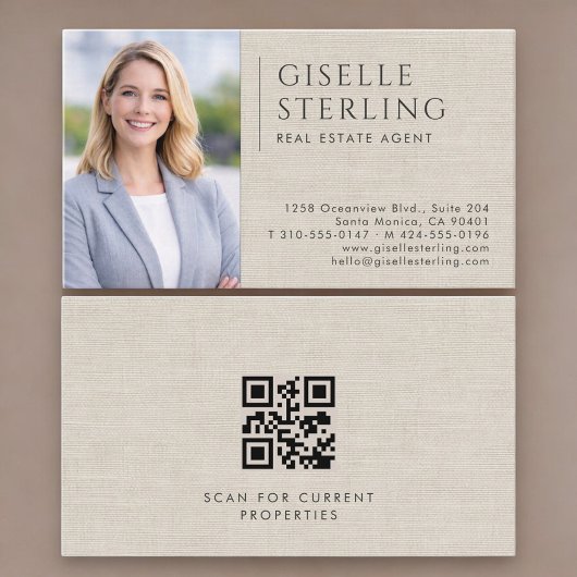 Real Estate Agent Neutral Linen Photo QR Code Visitenkarte