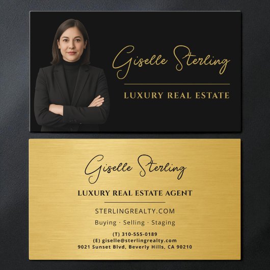 Real Estate Black Gold Script Luxury Metallic Visitenkarte