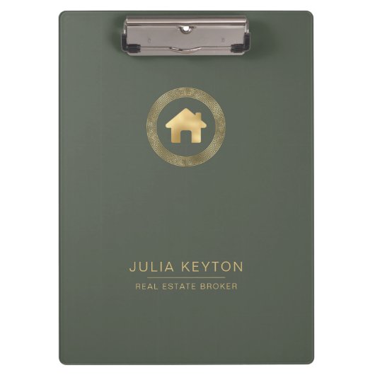 Real Estate House Logo Greek Key Sage Green Gold Klemmbrett (Vorderseite)