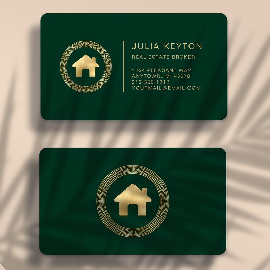 Real Estate House Logo Green Gold Rounded Visitenkarte