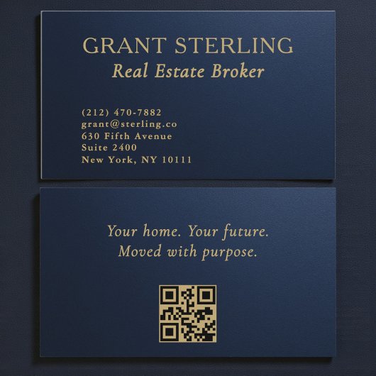 Real Estate Navy Blue Gold Metallic QR Code  Visitenkarte