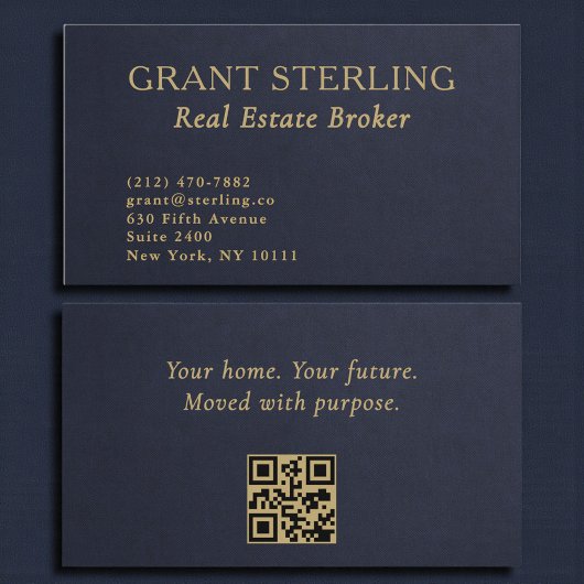 Real Estate Navy Blue Gold Slate Stone QR Code Visitenkarte