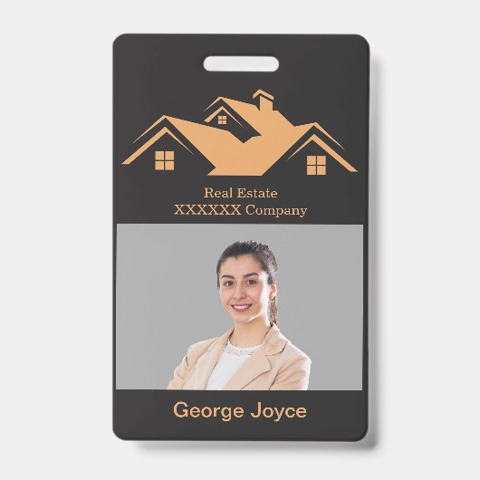 Real Estate Promotional Black & Gold Name Tag  Ausweis (Front)