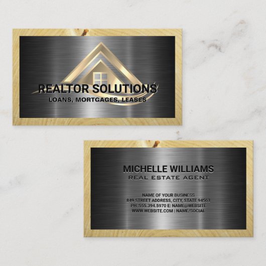 Real Estate Solutions Logo | Metallic and Wood Visitenkarte (Vorne/Hinten)