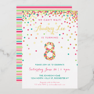 Real Foil 8. Geburtstag Einladungen, Pink Confetti Folieneinladung
