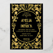 Real Foil Art Nouveau Floral Wedding Black Folieneinladung (Vorderseite)