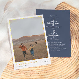 Real Foil Boho Minimalistisch Navy Blue Foto Weddd Folieneinladung