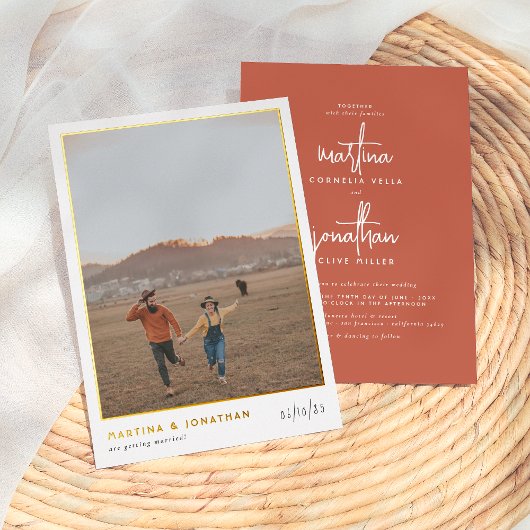 Real Foil Boho Minimalistisch Terracotta Foto Wedd Folieneinladung