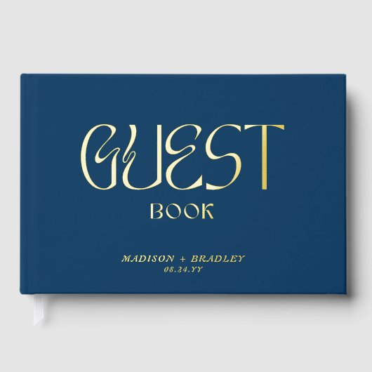 Real Foil Elegant Blue Calligraphy Script Wedding Gästebuch (Vorderseite)