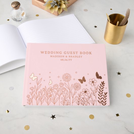 Real Foil Elegante Blumenrosa Hochzeit Gästebuch (Vorderseite offen)