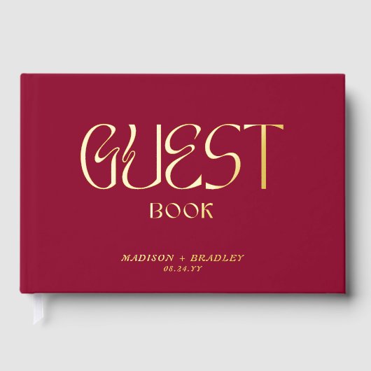 Real Foil Elegante Red Calligraphy Script Wedding Gästebuch (Vorderseite)