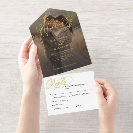 *REAL FOIL* Elegantes Script Foto Hochzeit All-in-One-Einladung (Abreißstreifen)