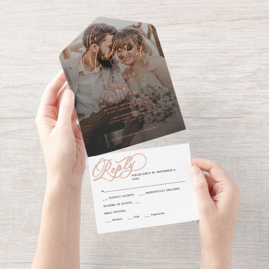 *REAL FOIL* Elegantes Script Foto Hochzeit All-in-One-Einladung (Abreißstreifen)