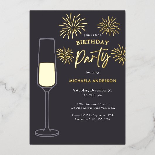 Real Foil Fireworks & Champagne Birthday Party Folieneinladung (Vorderseite)