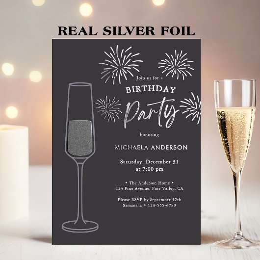 Real Foil Fireworks & Champagne Birthday Party Folieneinladung
