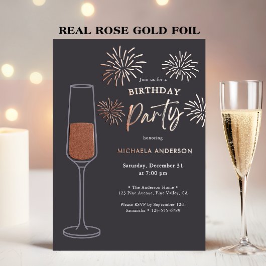 Real Foil Fireworks & Champagne Birthday Party Folieneinladung