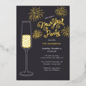 Real Foil Fireworks & Champagne New Year Party Folieneinladung (Vorderseite)