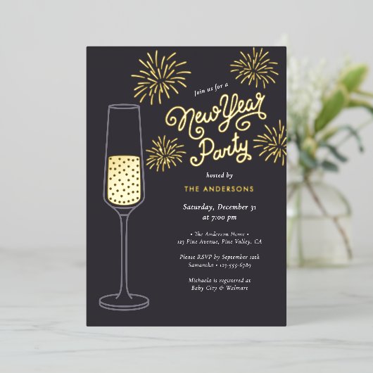 Real Foil Fireworks & Champagne New Year Party Folieneinladung (Stehend vorne)