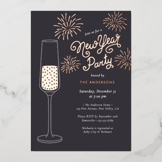 Real Foil Fireworks & Champagne New Year Party Folieneinladung (Vorderseite)