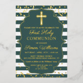 Real Foil Foto Gold Grüne Streifen Erstkommunion Folieneinladung (Vorderseite)