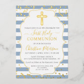 Real Foil Gold Dusty Blue Streifen Erstkommunion Folieneinladung (Vorderseite)