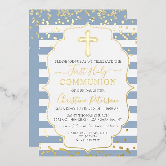 Real Foil Gold Dusty Blue Streifen Erstkommunion Folieneinladung (Vorderseite/Rückseite)