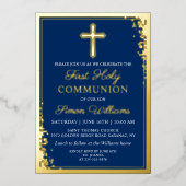 Real Foil Gold Glitzer Navy Blue First Communation Folieneinladung (Vorderseite)