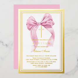 Real Foil Luxury Gold Pink Bow Girl Taufen Foil Folieneinladung