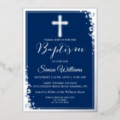 Real Foil Silver Glitzer Navy Blue Boy Taufe Folieneinladung (Vorderseite)