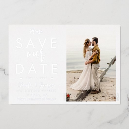 Real Foil Silver Save the Date Foto Verlobung Folieneinladung (Vorderseite)