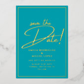 Real GOLD Aquamarin Save the Date Hochzeit Folieneinladung (Vorderseite)
