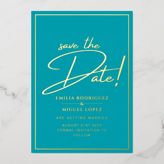 Real GOLD Aquamarin Save the Date Hochzeit Folieneinladung (Vorderseite)