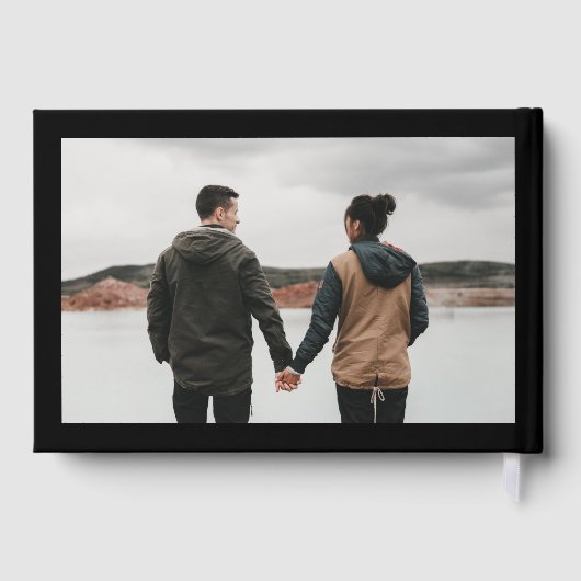 REAL GOLD | Black Modern Calligraphy Foto Wedding Gästebuch (Rückseite)