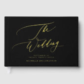 REAL GOLD | Black Modern Calligraphy Foto Wedding Gästebuch (Vorderseite)
