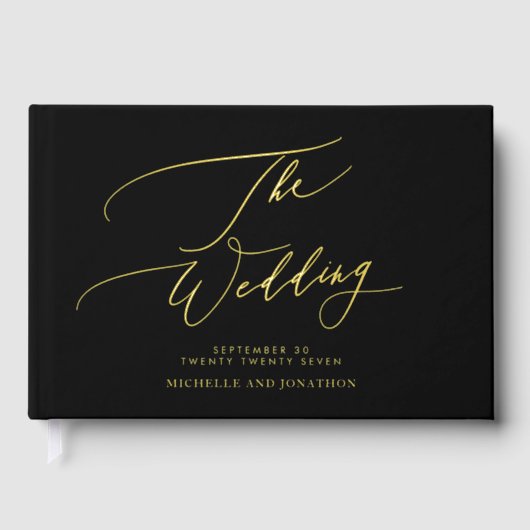 REAL GOLD | Black Modern Calligraphy Foto Wedding Gästebuch (Vorderseite)
